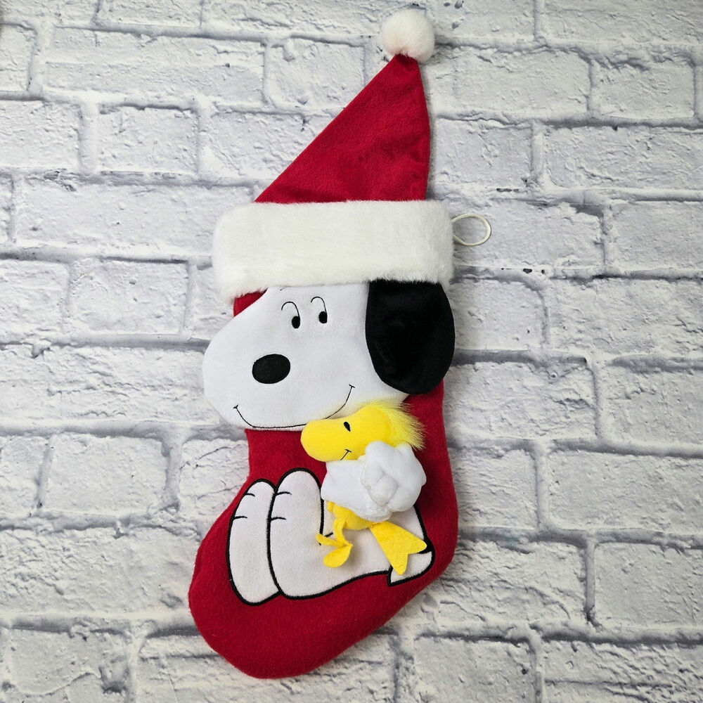 Hallmark Snoopy Hugging Removable Woodstock Plush Red White Christmas Stocking